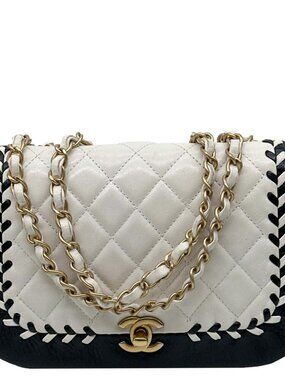Chanel  Braided Saddle Flap Quilted Lambskin Crossbody Bag Bicolor